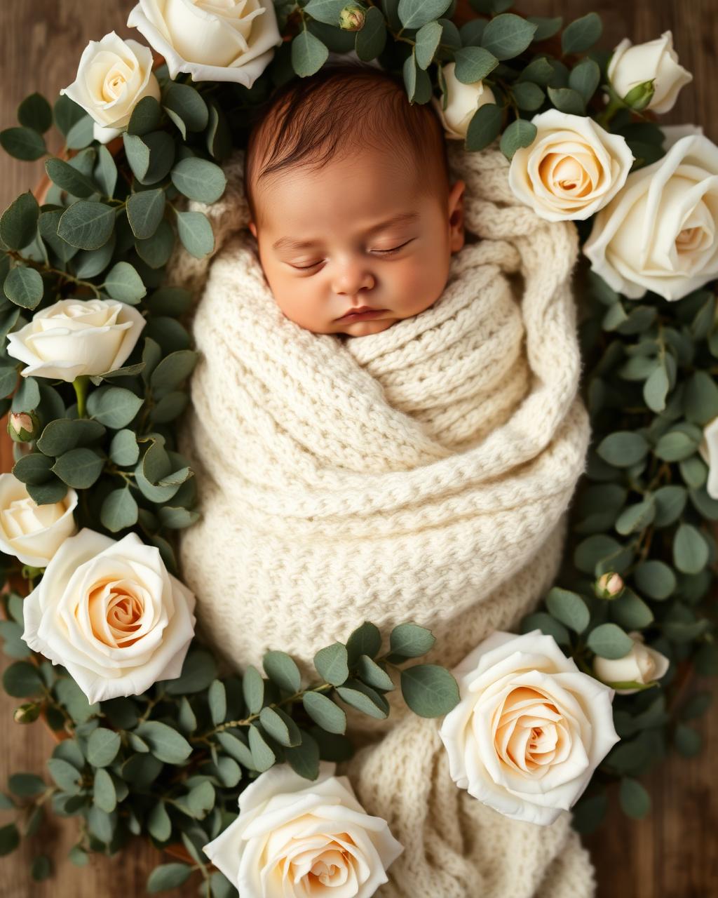 Sofía Valentina dormida entre rosas blancas y eucalipto
